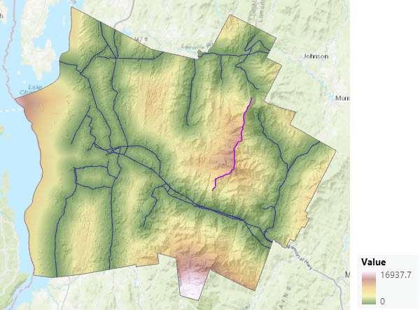 Map of straight-line distance being adjusted to move around the ridge barrier